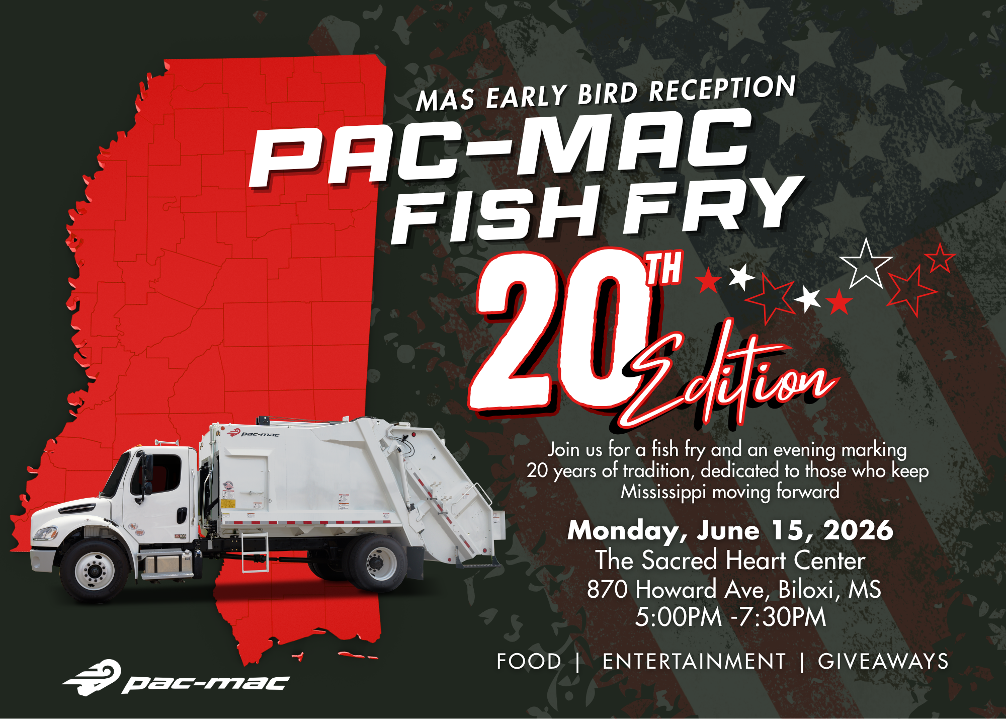 Pac-Mac Fish Fry — MAS Early Bird Reception, 20th Edition. Monday, June 15, 2026, 5:00–7:30 PM, The Sacred Heart Center, 870 Howard Ave, Biloxi, MS. Food, entertainment, and giveaways.